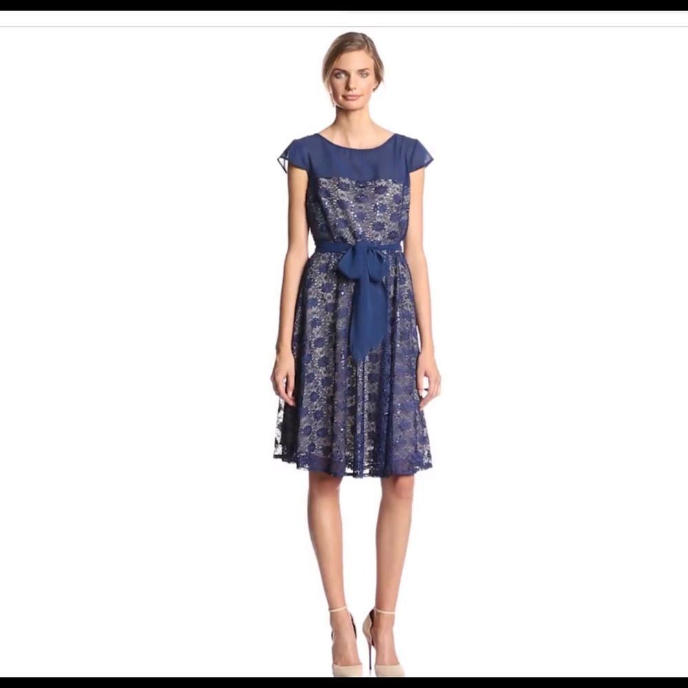 Julian Taylor Short Sleeve Sequin Lace Fit And Flare Dress